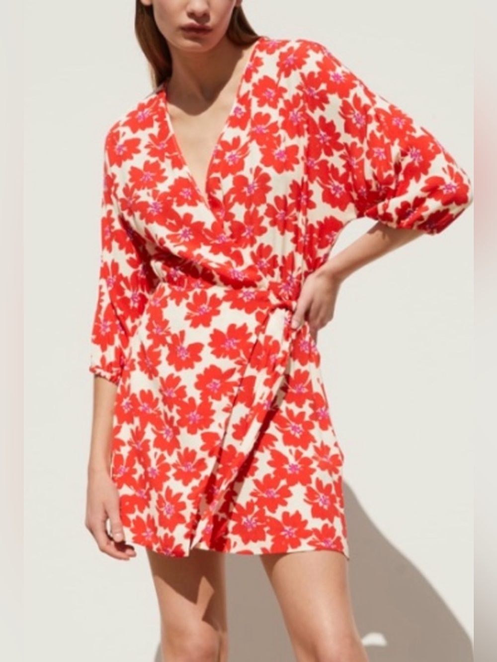 ZARA Cream Dress with Bold Red Floral Print